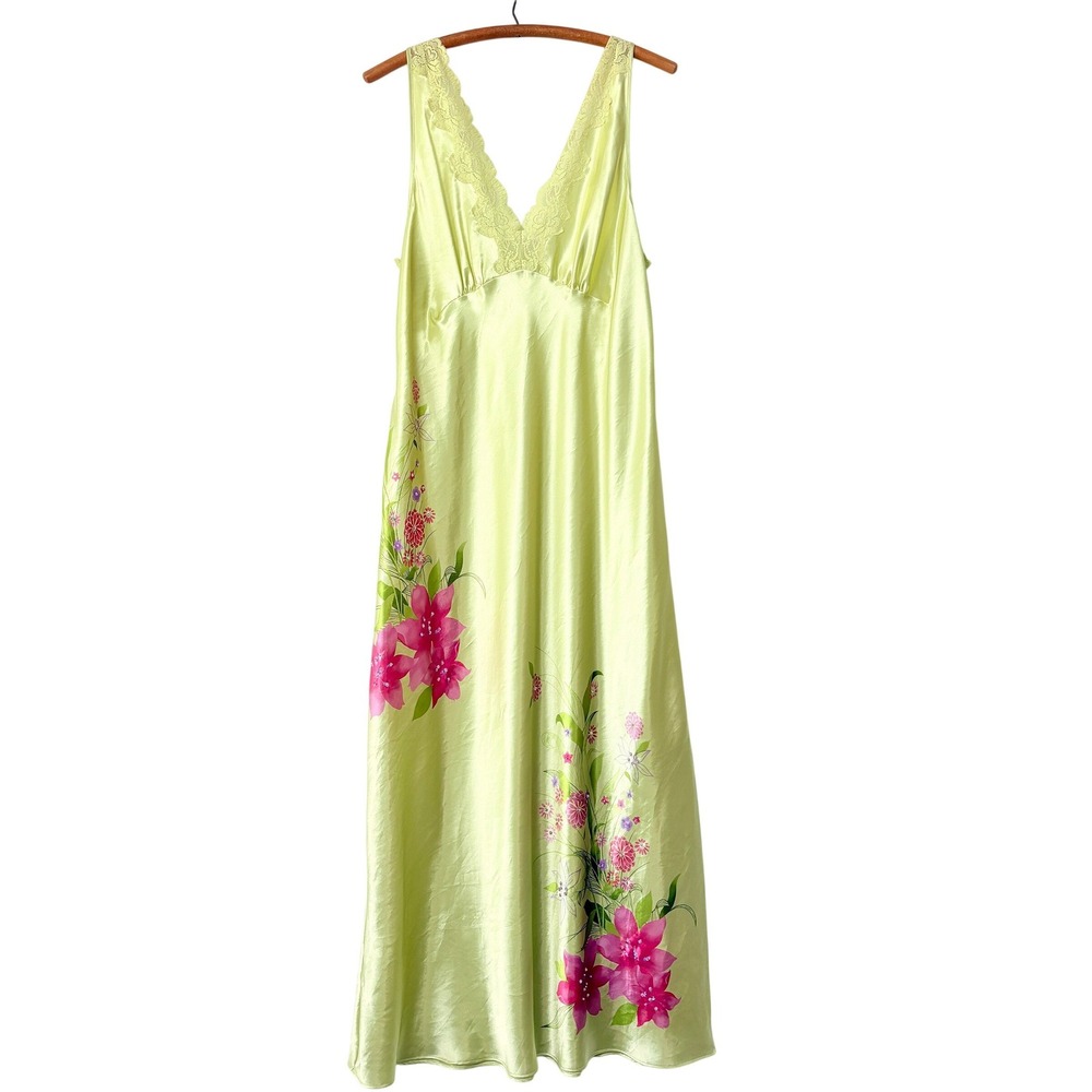 VTG y2k Valerie Stevens Lime Green Floral Satin‎ Cami Slip Lace Trim Maxi Bratz